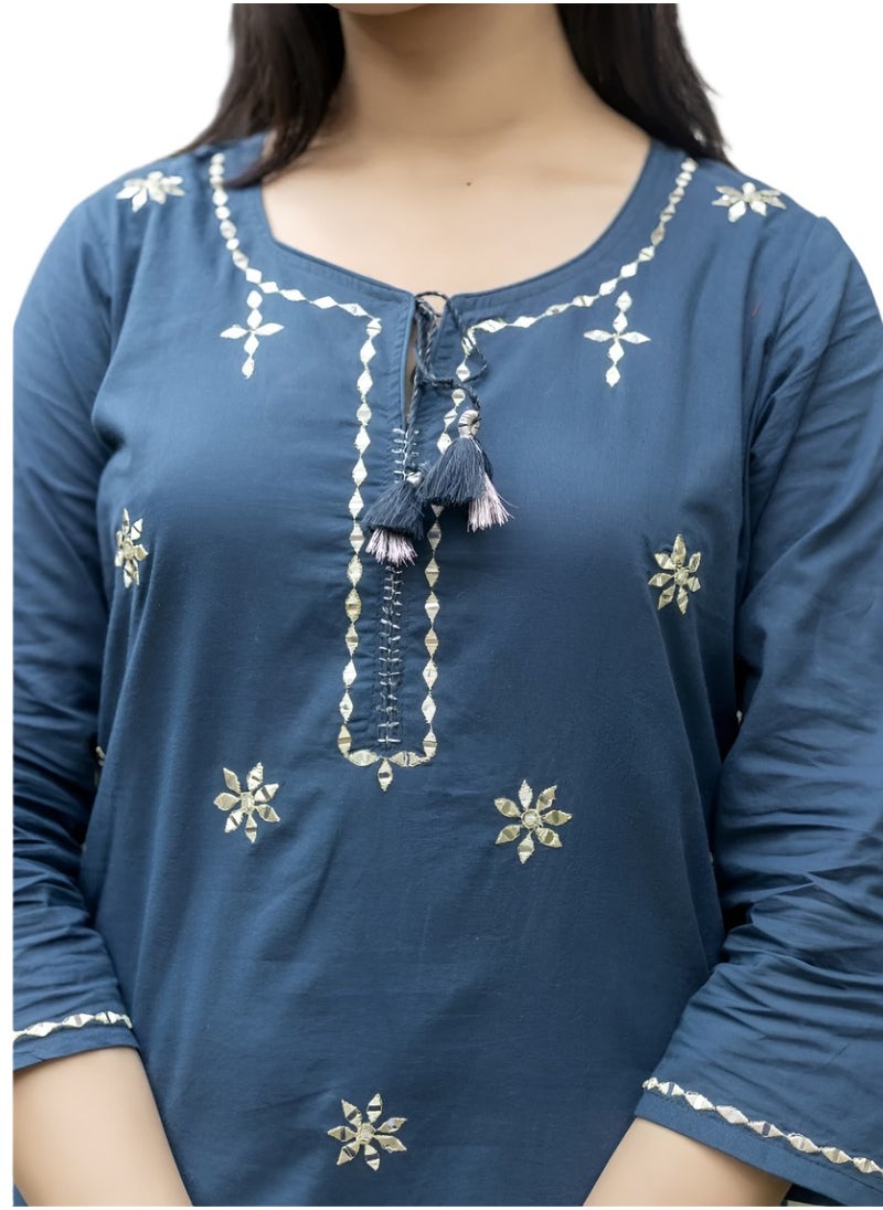 Mirror Embroidered Floral Cotton Kurta Set