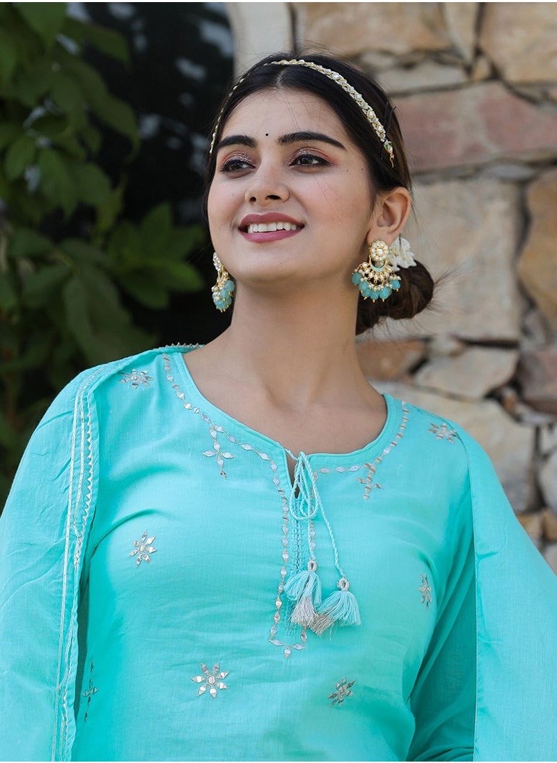 Sky Blue Mirror Work Cotton Suit Set