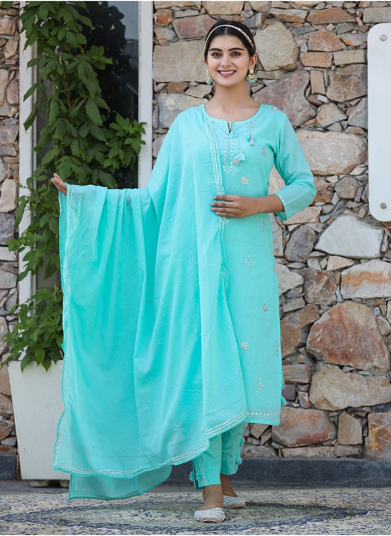 Sky Blue Mirror Work Cotton Suit Set