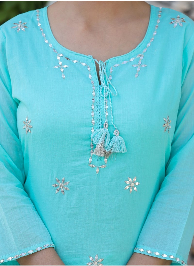 Sky Blue Mirror Work Cotton Suit Set