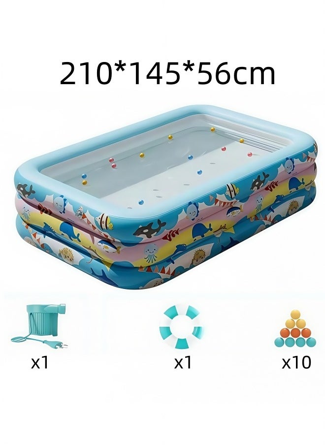Inflatable Swimming Pool,Family Sized Inflatable Pool, Easy Setup Inflatable Pool,Inflatable Castle Water Park,Summer Water Party (Blue,2.1Meters)