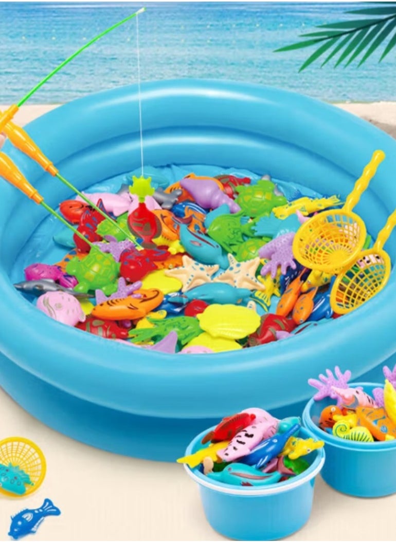 Parent-Child Fishing Toy Fishing Pond with Magnetic Fishing Set, Inflatable Mat, and 50-piece Fishing Kit for Kids