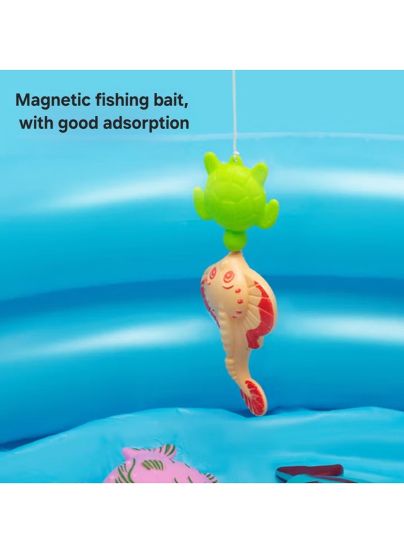 Parent-Child Fishing Toy Fishing Pond with Magnetic Fishing Set, Inflatable Mat, and 50-piece Fishing Kit for Kids