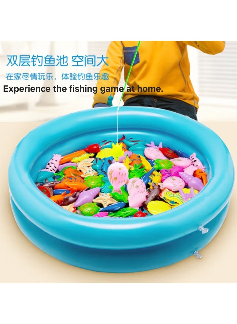 Parent-Child Fishing Toy Fishing Pond with Magnetic Fishing Set, Inflatable Mat, and 50-piece Fishing Kit for Kids