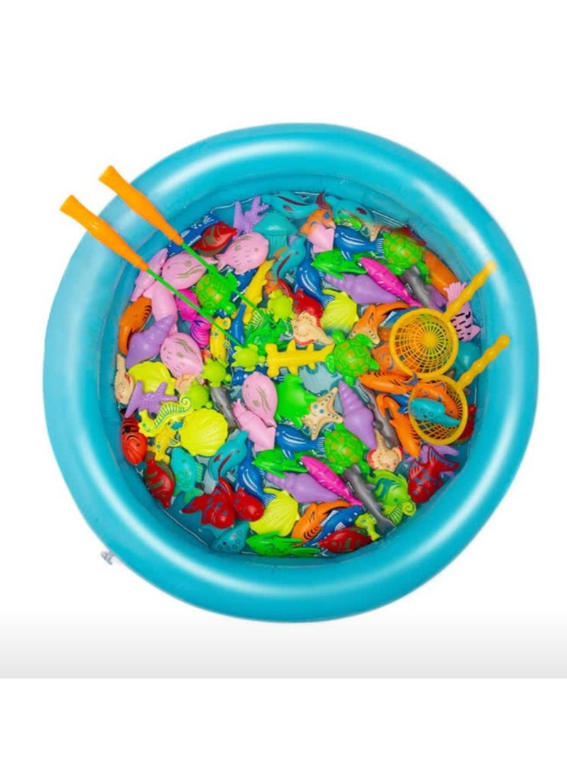 Parent-Child Fishing Toy Fishing Pond with Magnetic Fishing Set, Inflatable Mat, and 50-piece Fishing Kit for Kids