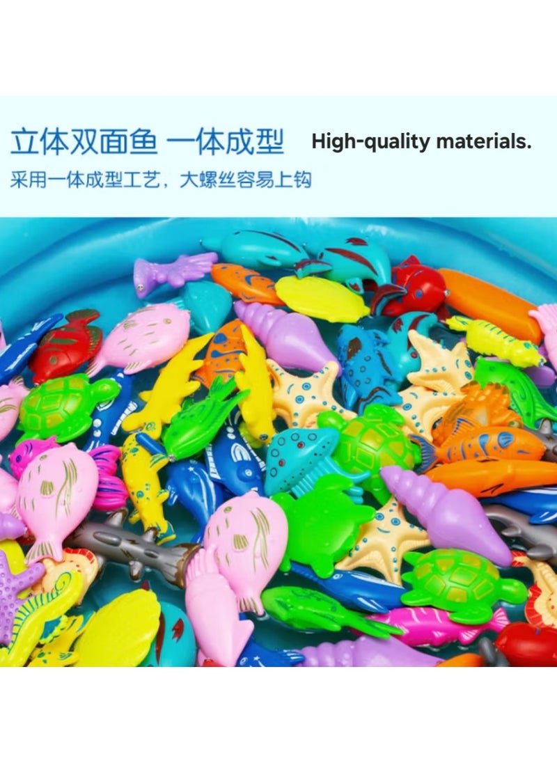 Parent-Child Fishing Toy Fishing Pond with Magnetic Fishing Set, Inflatable Mat, and 50-piece Fishing Kit for Kids
