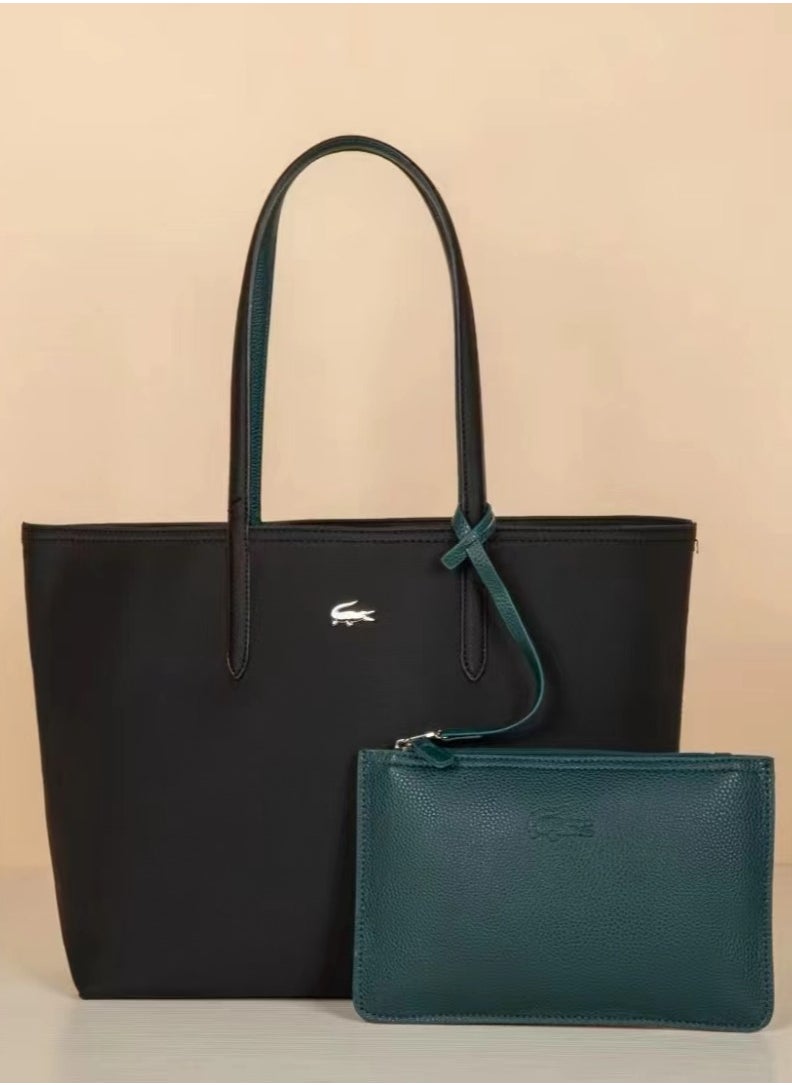 Lacoste Women's Double sided Two tone Large Capacity Handbag, Fashionable Multi functional, Black/Dark green