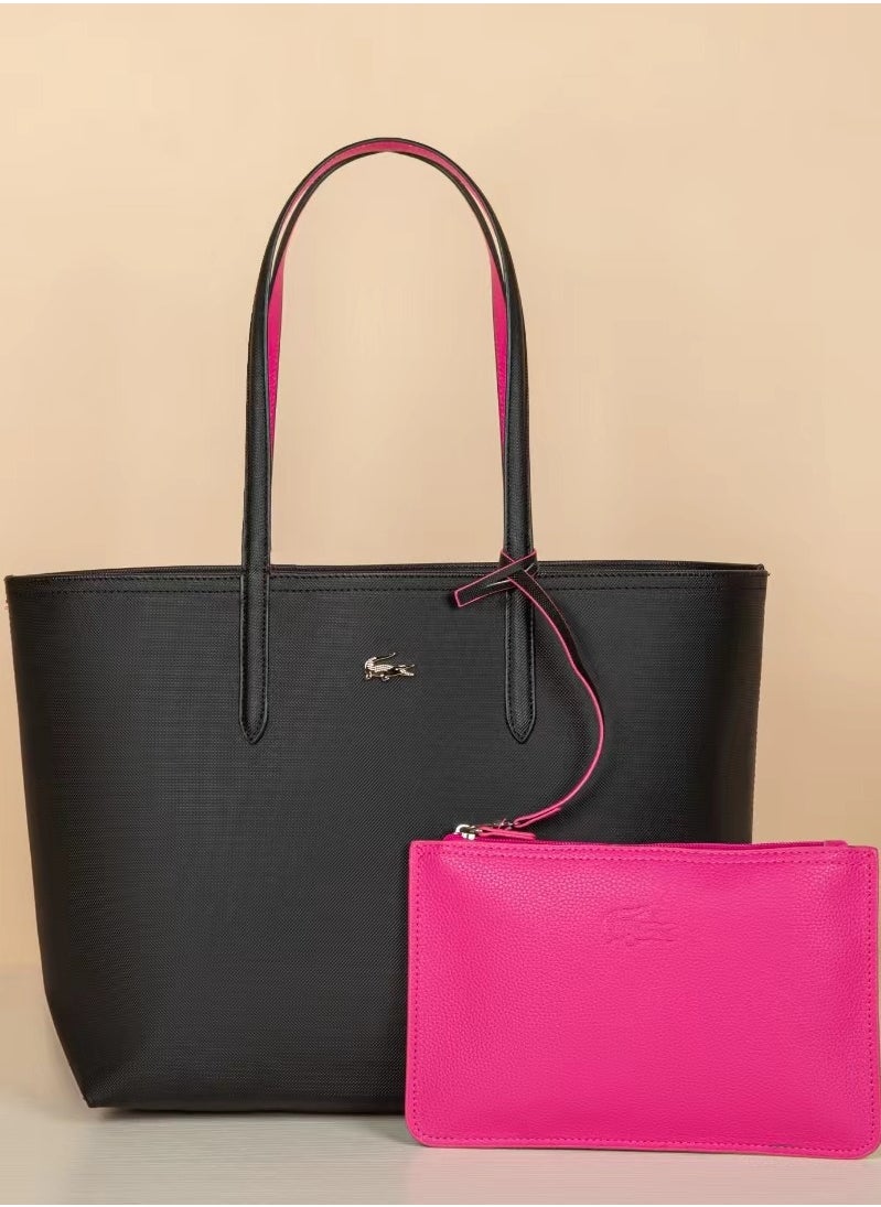 Lacoste Women's Double sided Two tone Large Capacity Handbag, Fashionable Multi functional, Black/rose red
