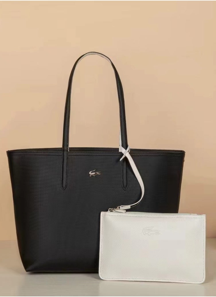 Lacoste Women's Double sided Two tone Large Capacity Handbag, Fashionable Multi functional, Black/White