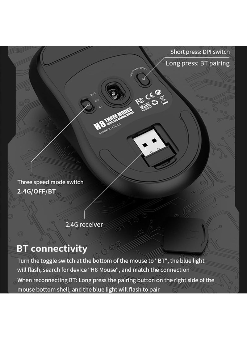 [1+1] Upgraded Lightweight Wireless Gaming Mouse, with 1 Set Anti Slip/Anti Sweat Mouse Sticker, 12000 DPI(Max), 3 Custom Connection Modes 2.4G+BT+Wired, Super Sensitive Infrared Sensor Gaming Mouse (White)