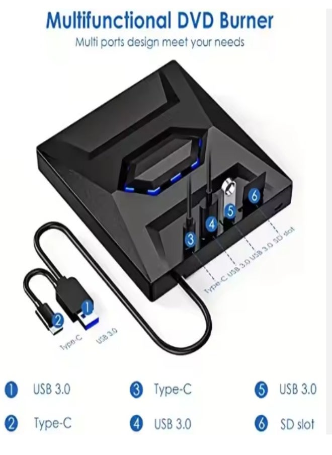 External DVD drive, USB portable CD player, burner, reader/writer, with Type C interface and USB interface, SD card expansion interface and power interface, suitable for laptops and desktop computers, can read videos, music, etc, black