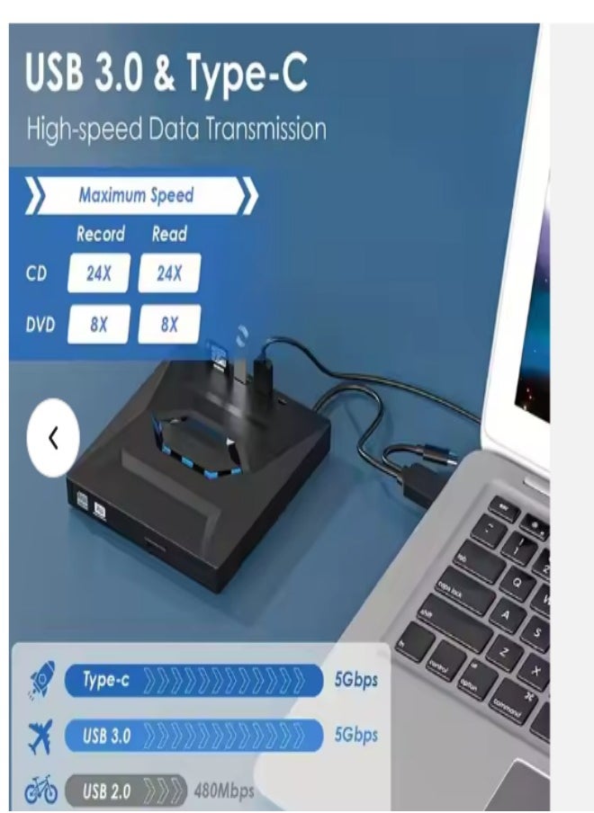 External DVD drive, USB portable CD player, burner, reader/writer, with Type C interface and USB interface, SD card expansion interface and power interface, suitable for laptops and desktop computers, can read videos, music, etc, black