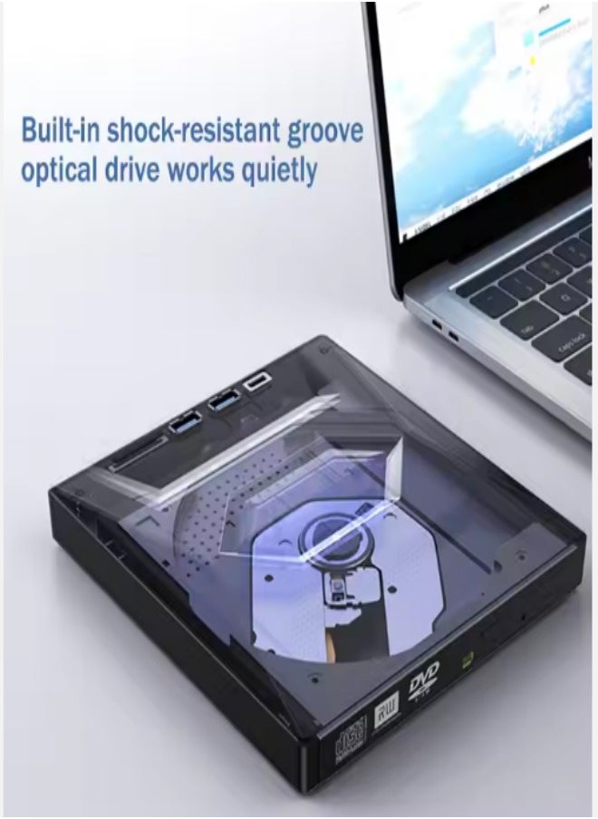 External DVD drive, USB portable CD player, burner, reader/writer, with Type C interface and USB interface, SD card expansion interface and power interface, suitable for laptops and desktop computers, can read videos, music, etc, black