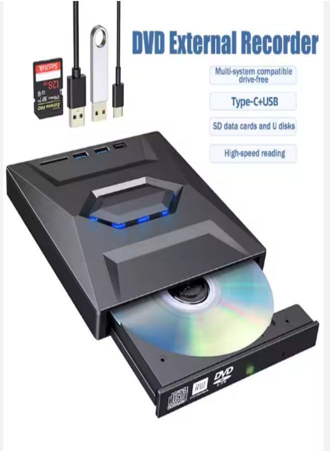 External DVD drive, USB portable CD player, burner, reader/writer, with Type C interface and USB interface, SD card expansion interface and power interface, suitable for laptops and desktop computers, can read videos, music, etc, black