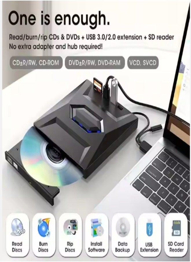 External DVD drive, USB portable CD player, burner, reader/writer, with Type C interface and USB interface, SD card expansion interface and power interface, suitable for laptops and desktop computers, can read videos, music, etc, black
