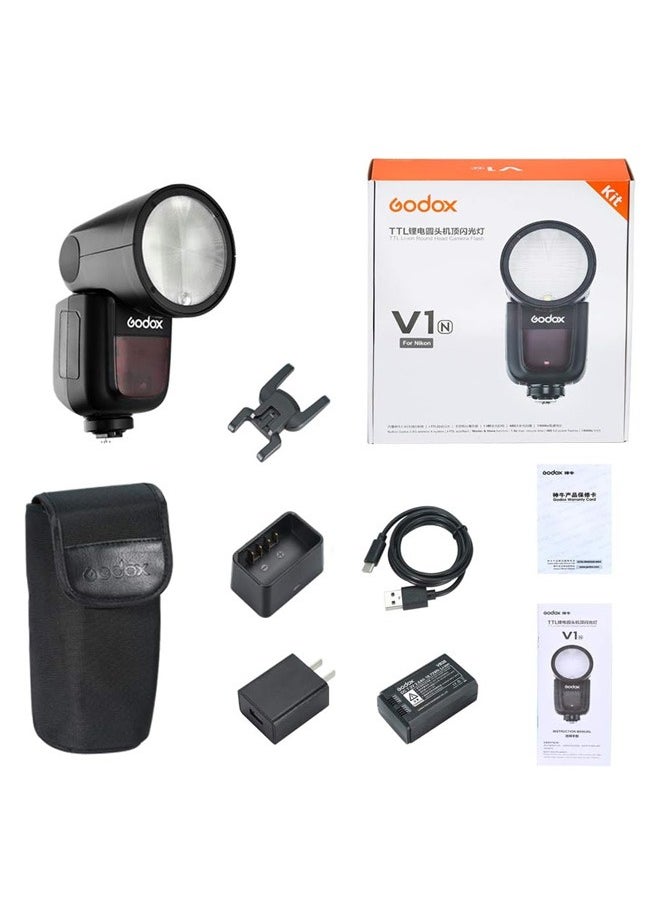 Godox V1 V1-N V1N Round Head Camera Flash for Nikon Flash Speedlight Speedlite Light,76Ws 2.4G 1/8000 HSS,480 Full Power Shots,1.5s Recycle Time,2600mAh Li-ion Battery,10 Levels LED Modeling Lamp
