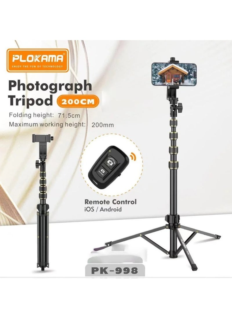 PLOKAMA PK-998 200cm Aluminum Tripod with Bluetooth Remote, 360° Ball Head