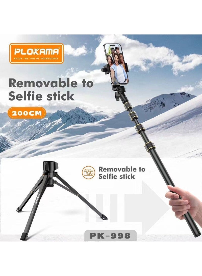 PLOKAMA PK-998 200cm Aluminum Tripod with Bluetooth Remote, 360° Ball Head