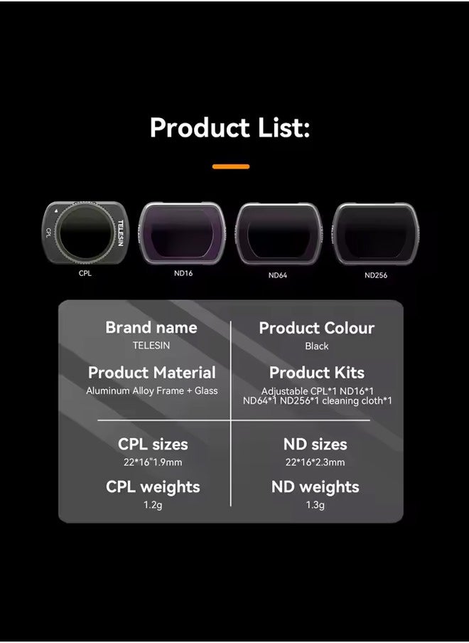 TELESIN Magnetic Lens Fitler Kit for DJI Pocket 3 Accessories, 4-Pack CPL ND16 ND64 ND256 Neutral Density Polarizing HD Ultra Thin Corning Glass Lens Protector Bundle Kit for Osmo Pocket 3 Combo