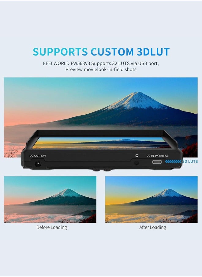 FEELWORLD FW568 V3 6 inch DSLR Camera Field Monitor with Waveform LUTs Video Peaking Focus Assist 1920x1080 IPS with 4K HDMI 8.4V DC Input Output