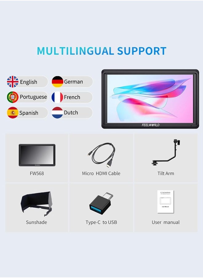 FEELWORLD FW568 V3 6 inch DSLR Camera Field Monitor with Waveform LUTs Video Peaking Focus Assist 1920x1080 IPS with 4K HDMI 8.4V DC Input Output
