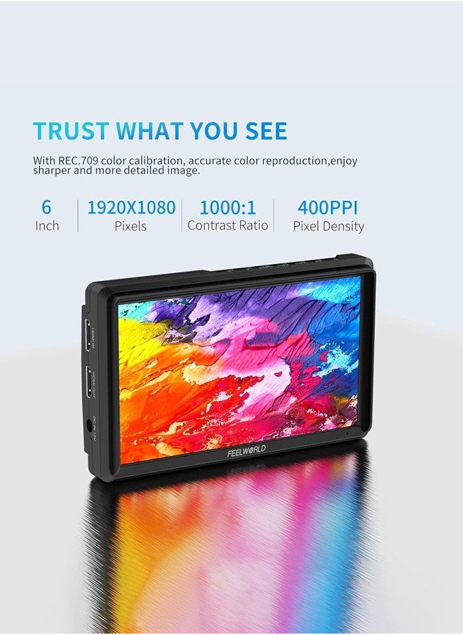 FEELWORLD FW568 V3 6 inch DSLR Camera Field Monitor with Waveform LUTs Video Peaking Focus Assist 1920x1080 IPS with 4K HDMI 8.4V DC Input Output