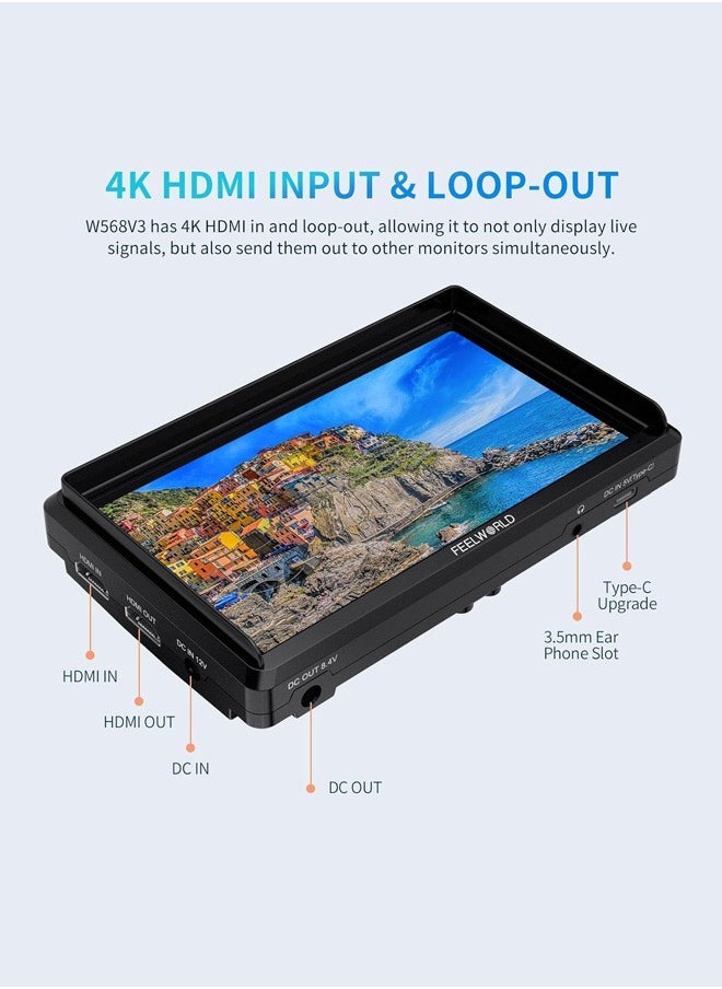 FEELWORLD FW568 V3 6 inch DSLR Camera Field Monitor with Waveform LUTs Video Peaking Focus Assist 1920x1080 IPS with 4K HDMI 8.4V DC Input Output