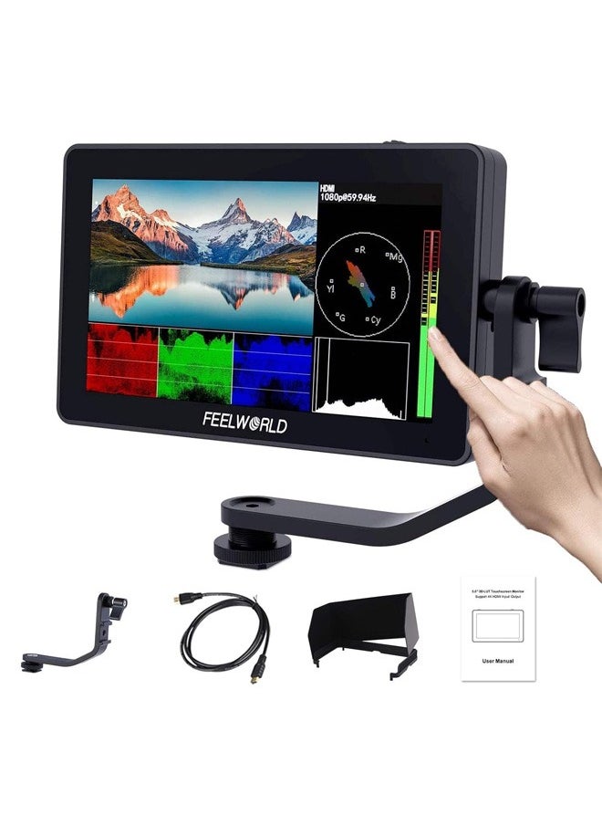 FEELWORLD F6 Plus V2 6 inch DSLR Camera Field Touch Screen Monitor with HDR 3D Lut Small Full HD 1920x1080 IPS Video Peaking Focus Assist 4K HDMI 8.4V DC Input Output Include Tilt Arm