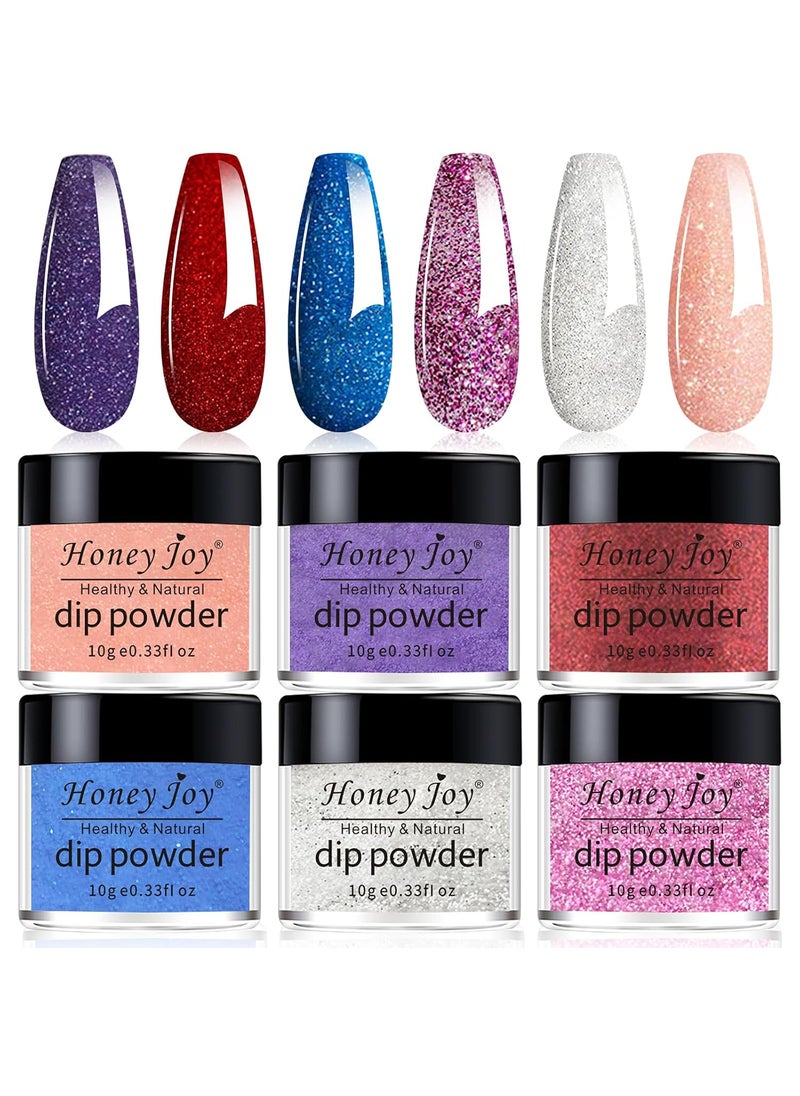 6 Box/Set Fine Dipping Powder Glitter Silver Pink Rose Pink Green Blue Purple Colors No Need Lamp Cure Dip Powder Nails,Like Gel Polish Effect, Even & Smooth Finishing (DP-R-6pcs-10g/box)