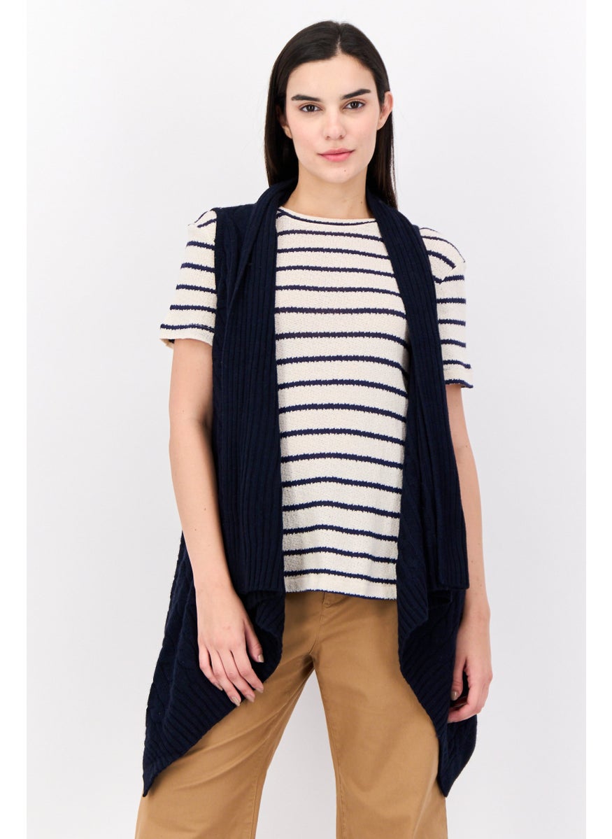 Women Split Neck Knitted Cardigan Vest, Dark Navy