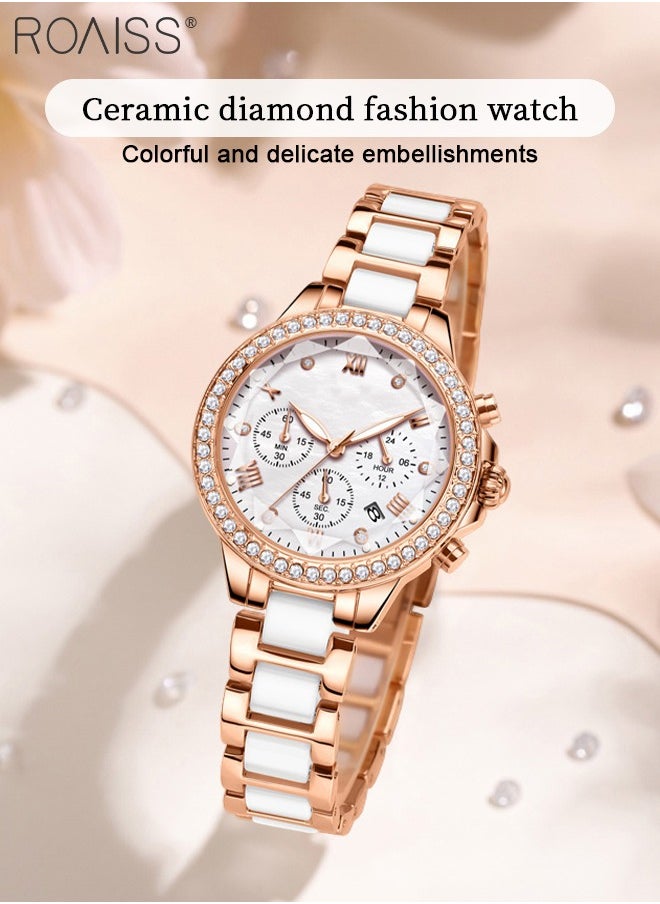 Women's Ceramic Band Chronograph Quartz Watch Round Dial with Diamonds Decoration and Date Display Waterproof Luminous Luxurious Wristwatch as Gift for Ladies