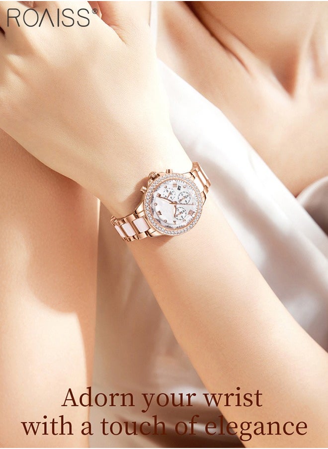 Women's Ceramic Band Chronograph Quartz Watch Round Dial with Diamonds Decoration and Date Display Waterproof Luminous Luxurious Wristwatch as Gift for Ladies