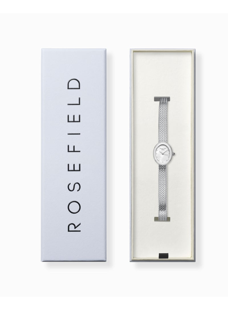 Mini Oval White Dial Silver Woven Mesh Strap