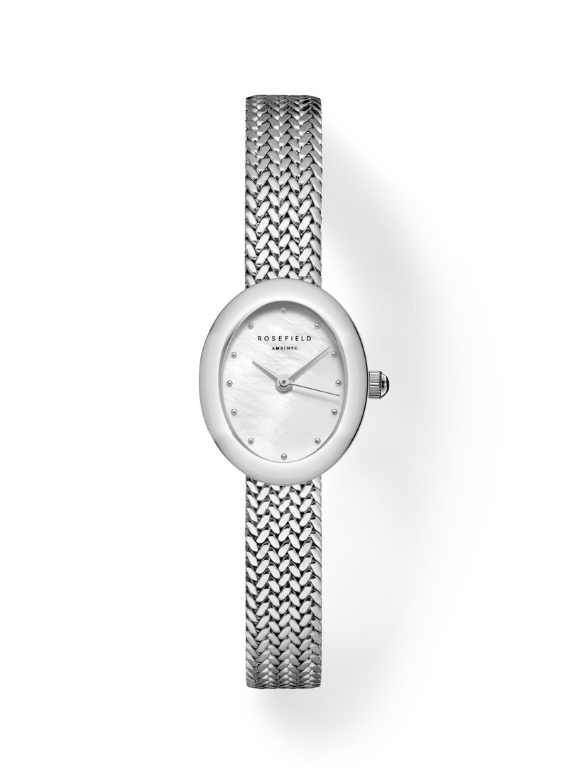 Mini Oval White Dial Silver Woven Mesh Strap