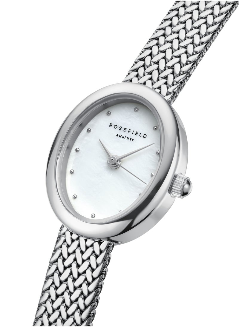 Mini Oval White Dial Silver Woven Mesh Strap