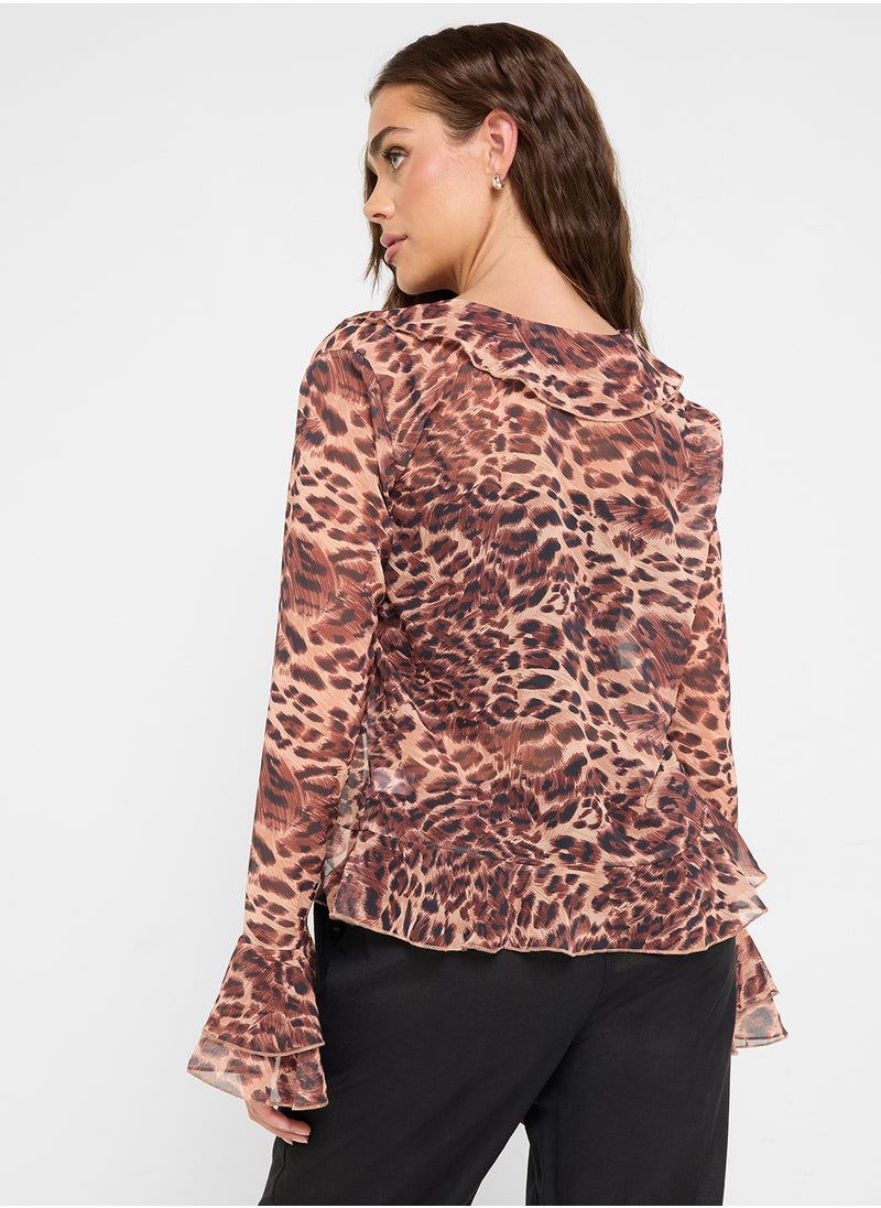 Leopard Print Ruffle Detail Blouse