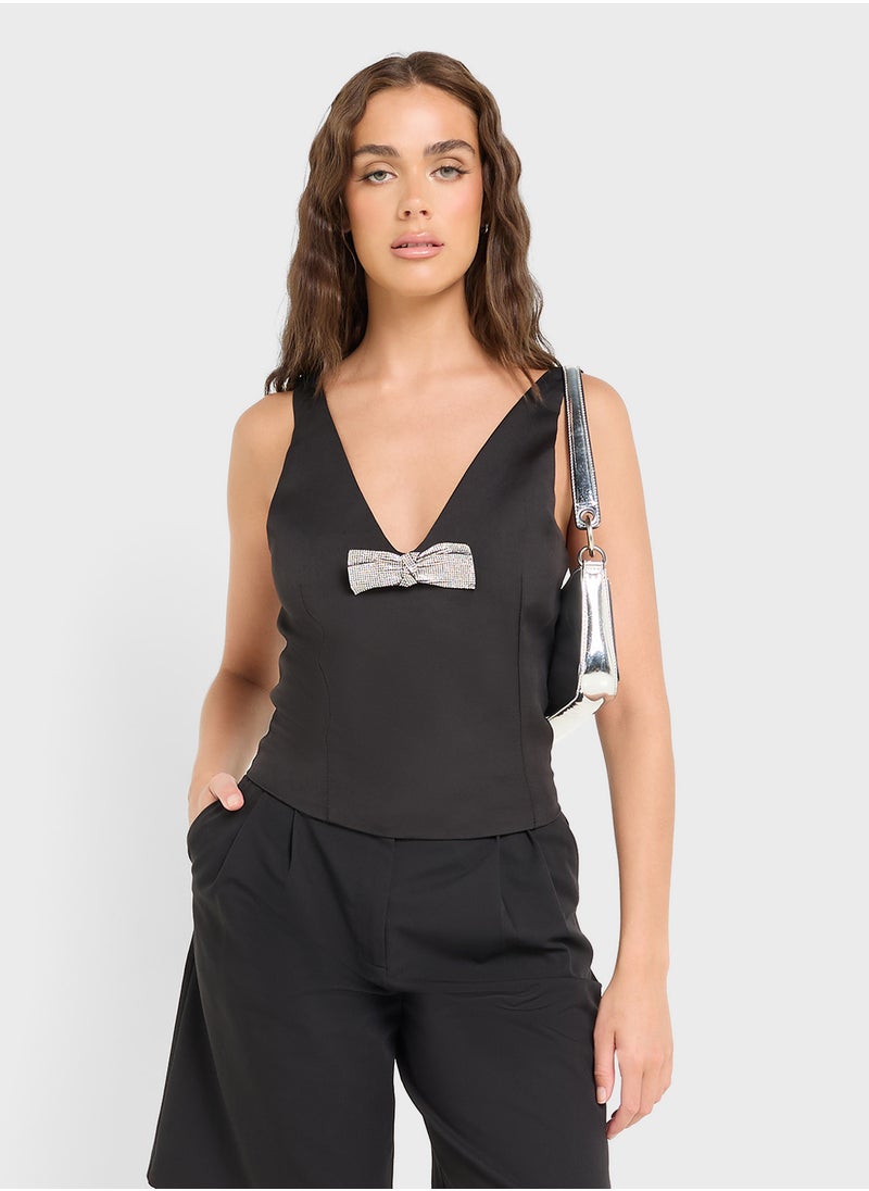 V Neck Diamante Bow Detail Top