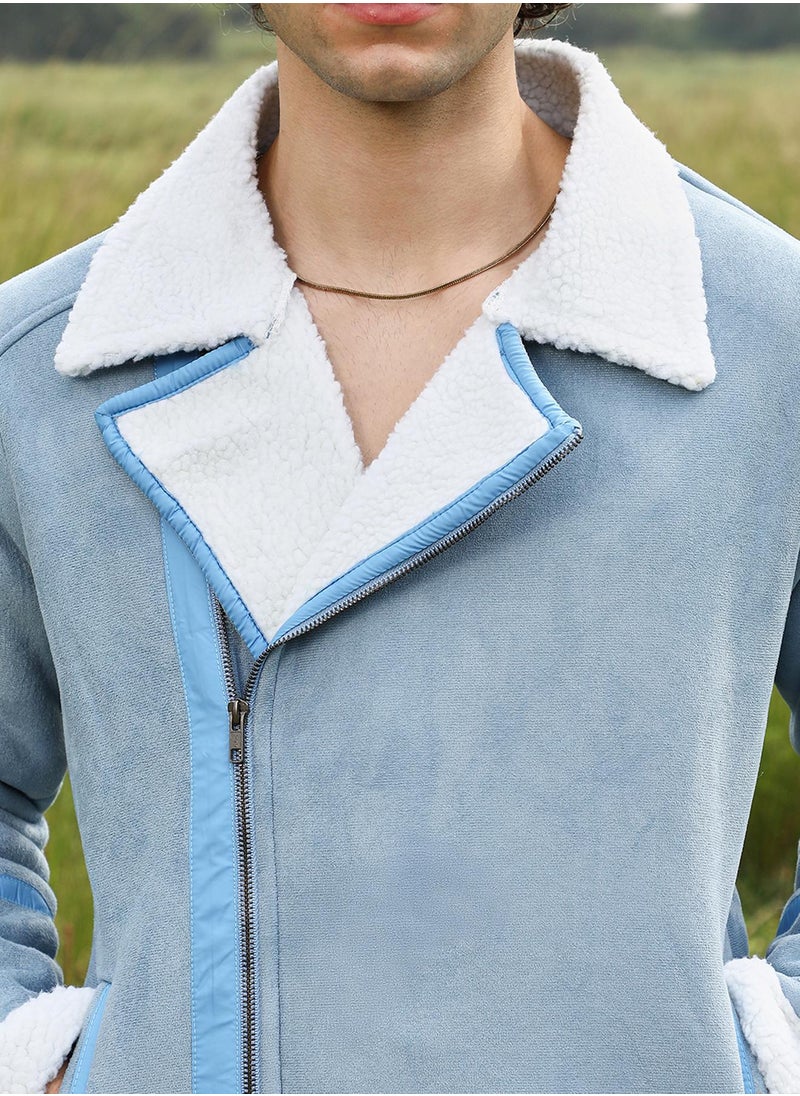 Men's Icy Blue & Chalk White Fleece Lined Biker Jacket