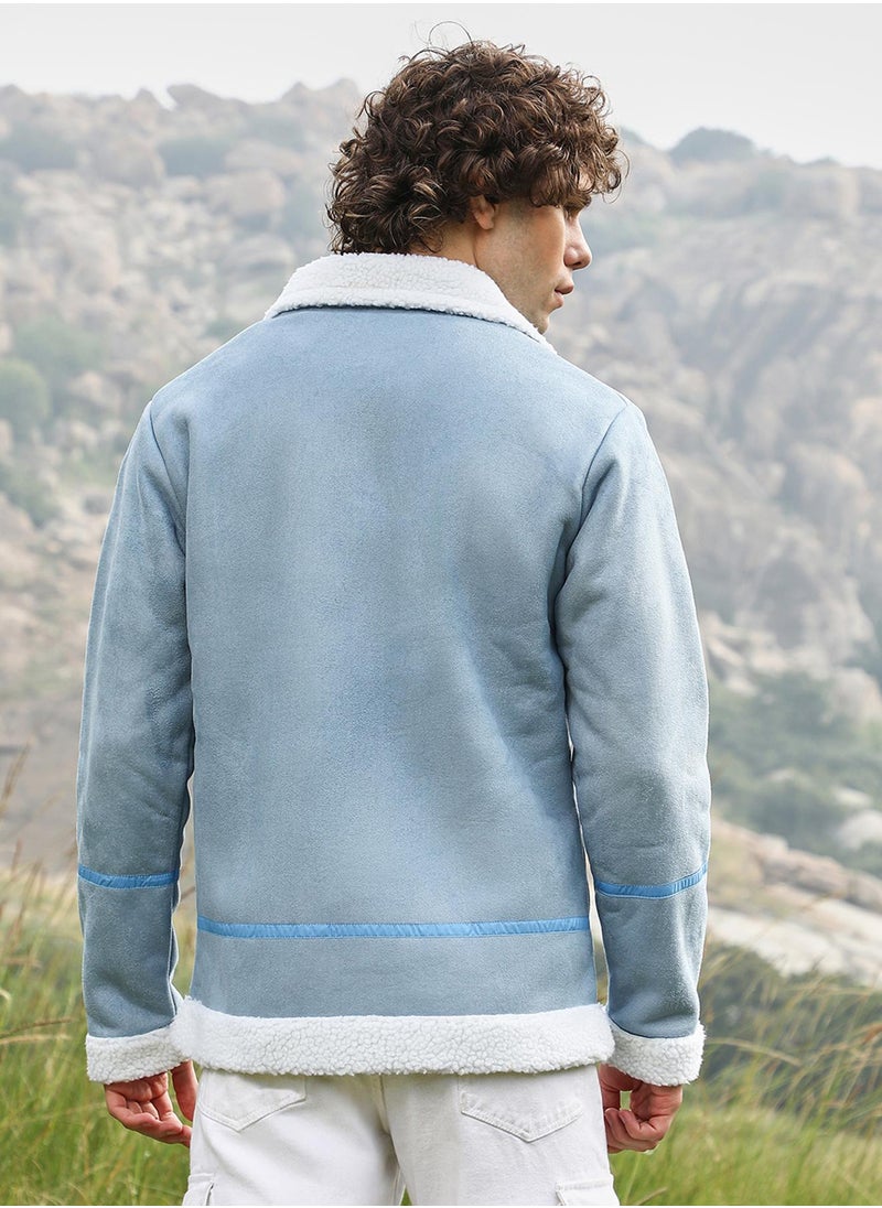 Men's Icy Blue & Chalk White Fleece Lined Biker Jacket