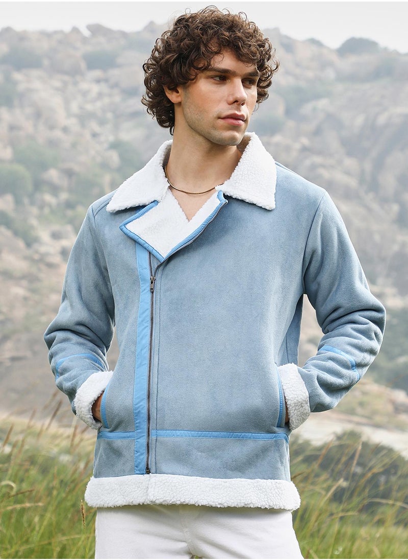 Men's Icy Blue & Chalk White Fleece Lined Biker Jacket