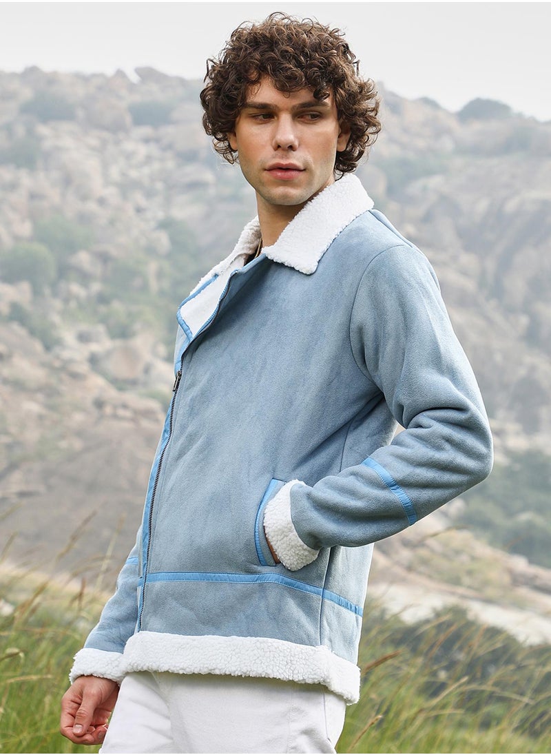 Men's Icy Blue & Chalk White Fleece Lined Biker Jacket