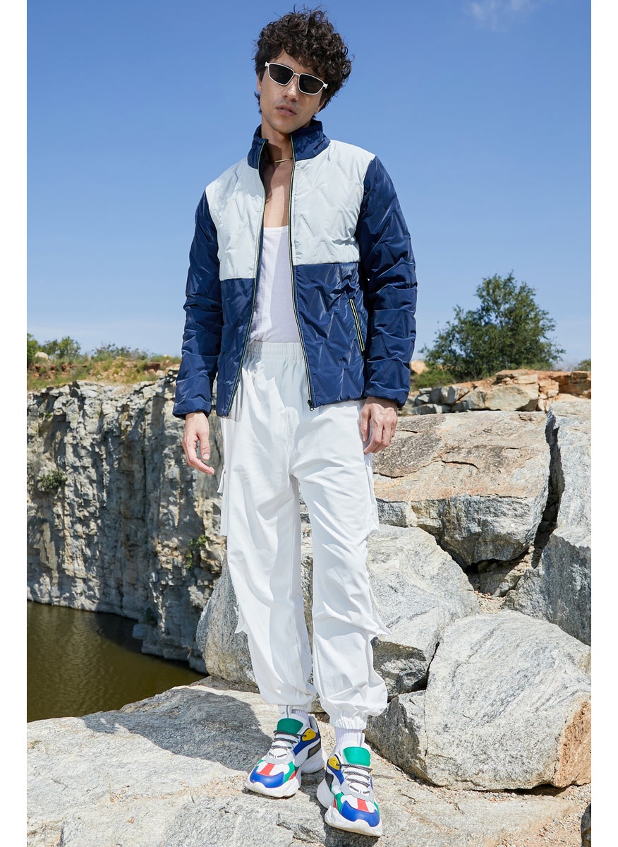 Men's Navy Blue & Light Grey Contrast V Quilted Puffer Jacket