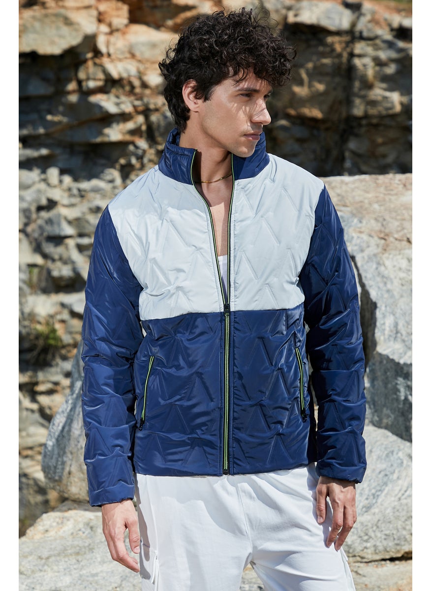 Men's Navy Blue & Light Grey Contrast V Quilted Puffer Jacket