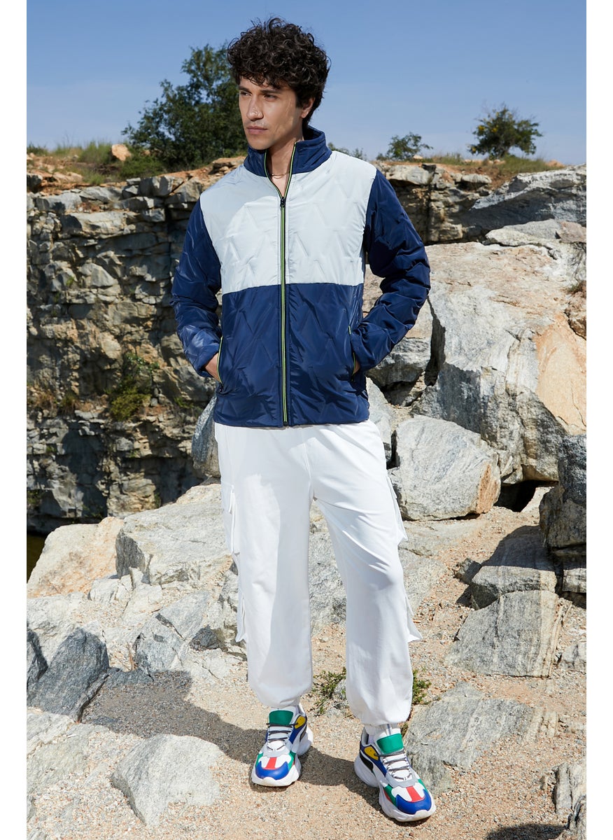 Men's Navy Blue & Light Grey Contrast V Quilted Puffer Jacket