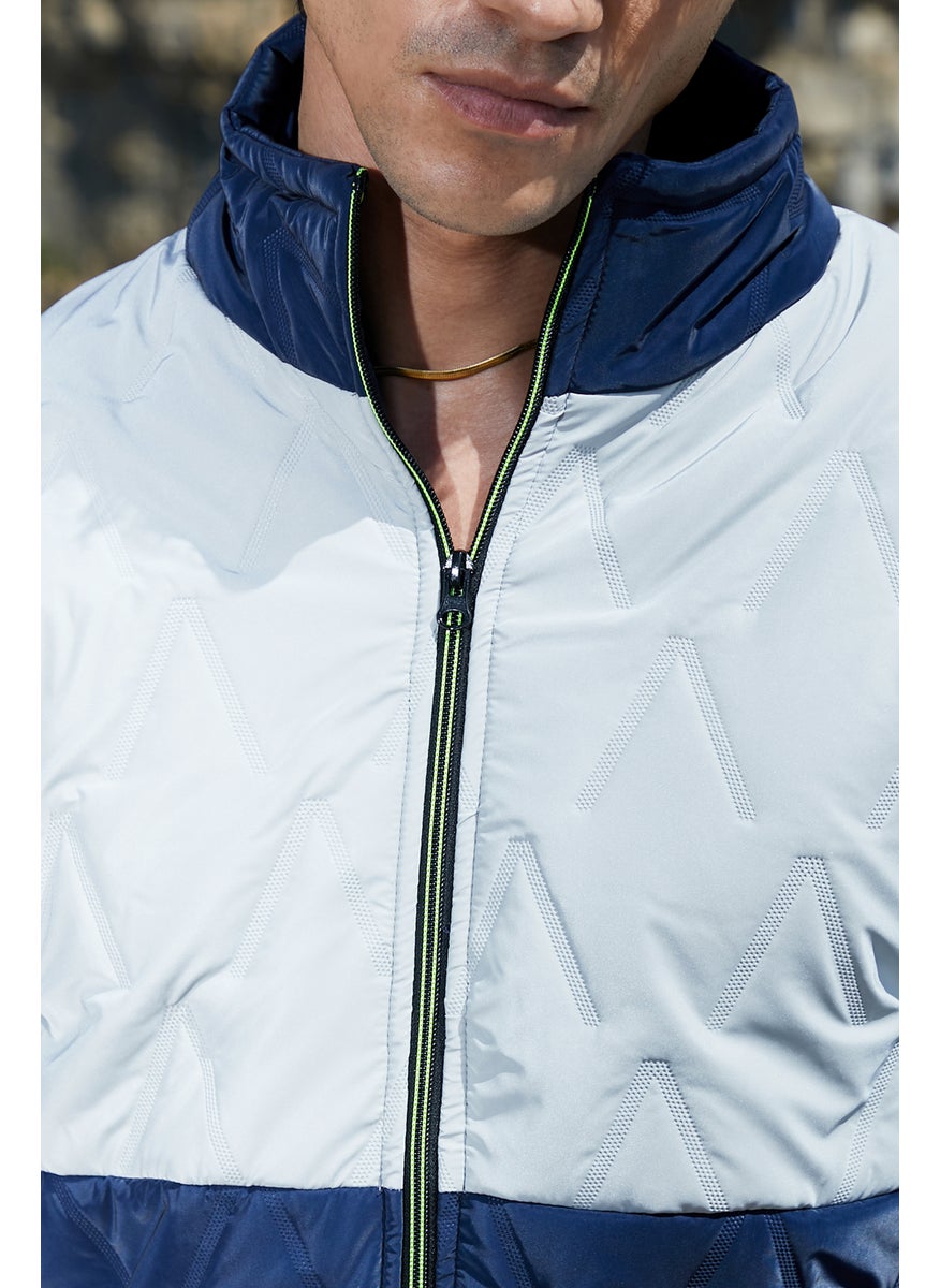 Men's Navy Blue & Light Grey Contrast V Quilted Puffer Jacket