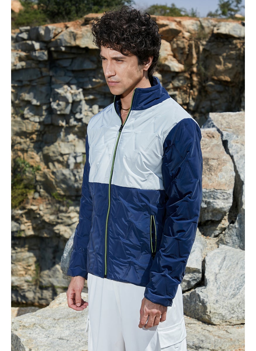 Men's Navy Blue & Light Grey Contrast V Quilted Puffer Jacket