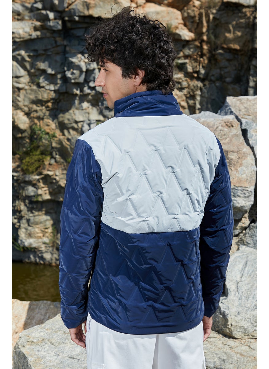 Men's Navy Blue & Light Grey Contrast V Quilted Puffer Jacket