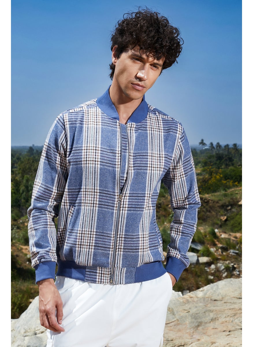 Men's Icy Blue Tartan Plaid Jacket With Ribbed Hem