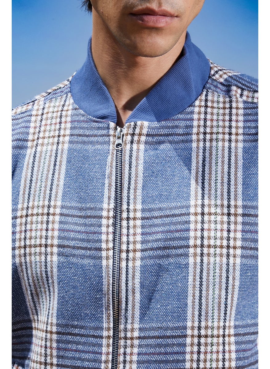 Men's Icy Blue Tartan Plaid Jacket With Ribbed Hem