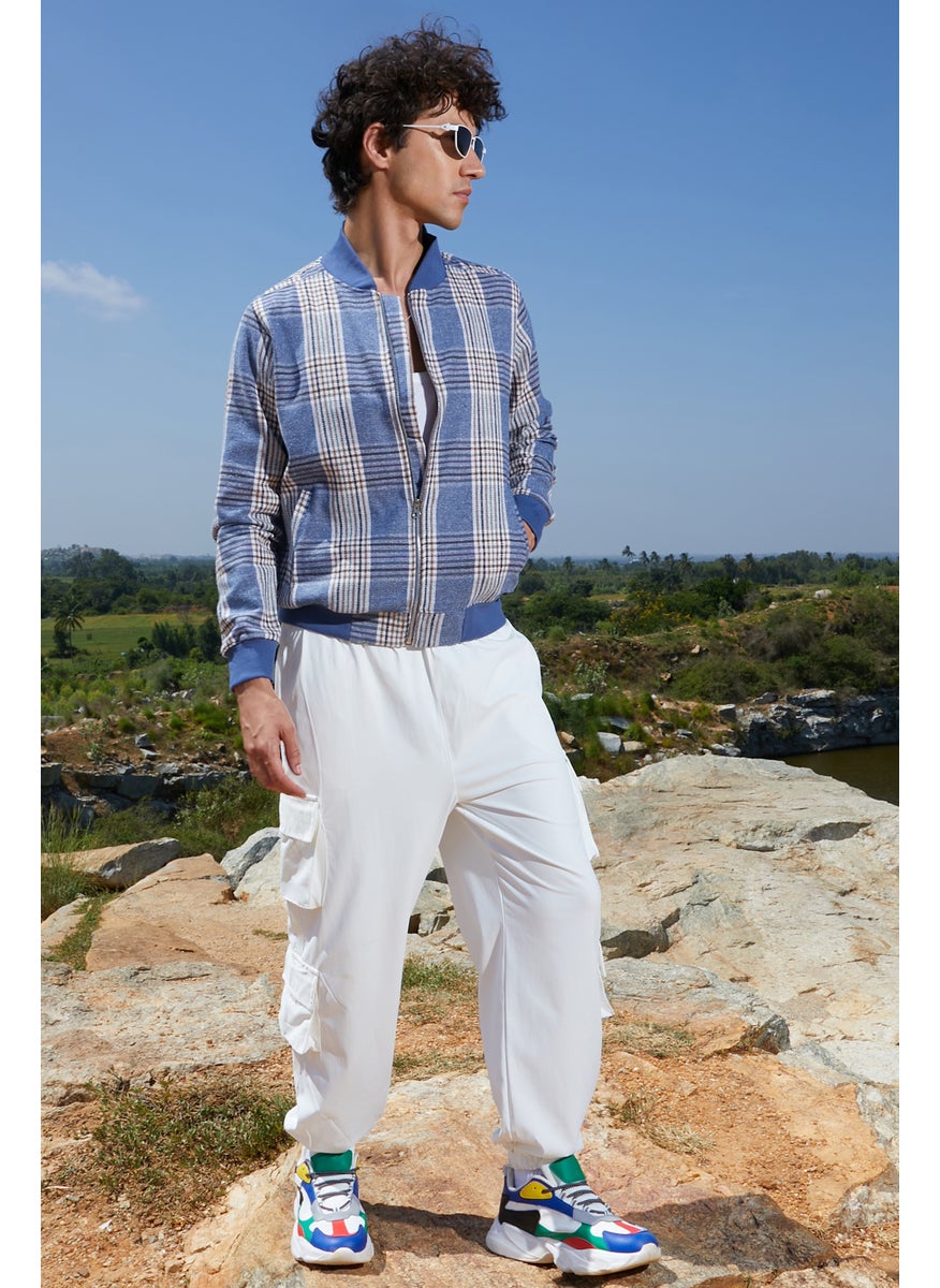 Men's Icy Blue Tartan Plaid Jacket With Ribbed Hem